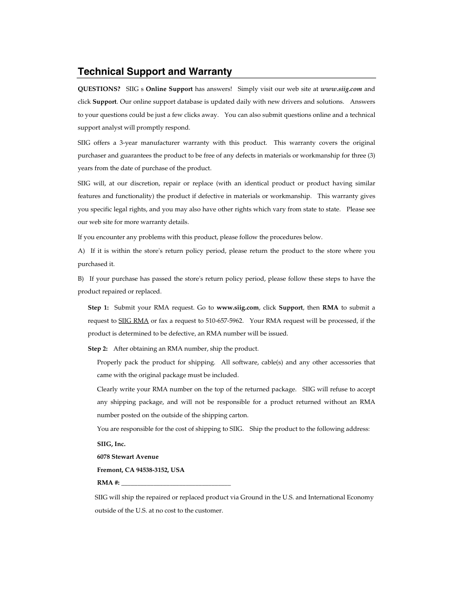 Technical support and warranty | SIIG ID-SC0511-S1 User Manual | Page 23 / 24