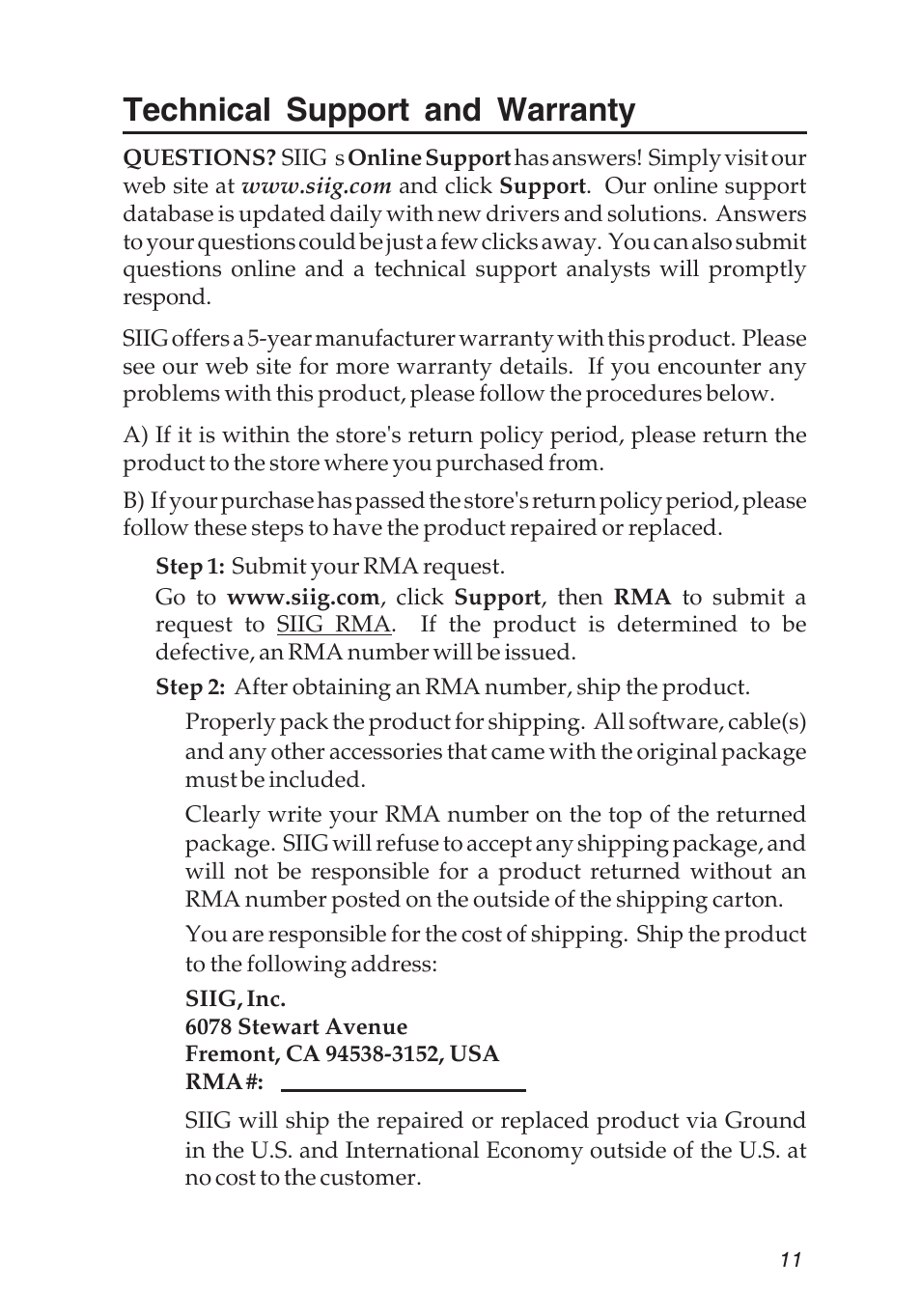 Technical support and warranty | SIIG RS-232 User Manual | Page 11 / 12