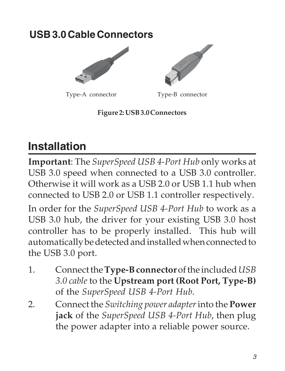 Installation, Usb 3.0 cable connectors | SIIG 04-0625A User Manual | Page 3 / 8