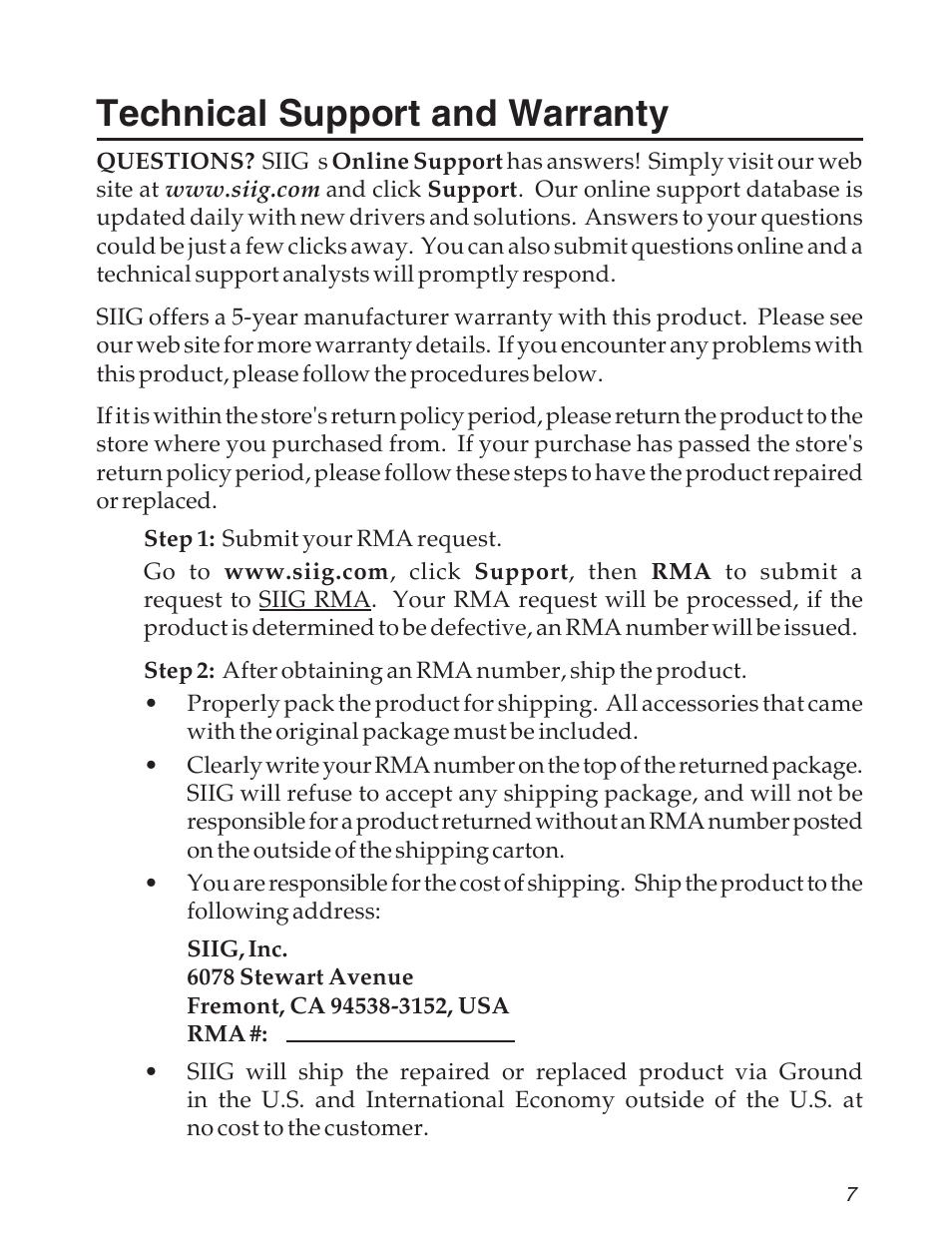 Technical support and warranty | SIIG 04-0625A User Manual | Page 7 / 8