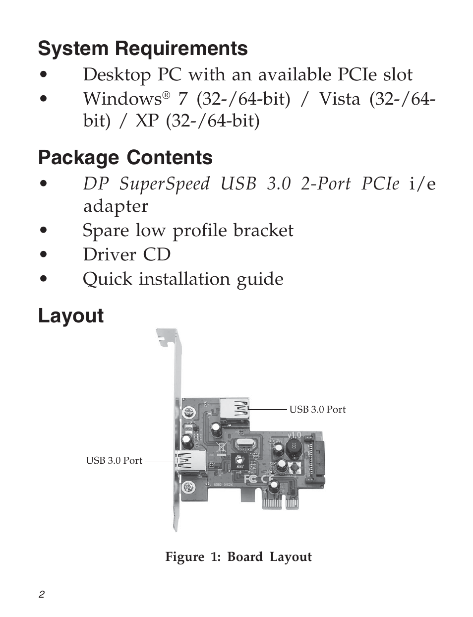 System requirements, Package contents, Layout | SIIG FIERY 2101 User Manual | Page 2 / 8