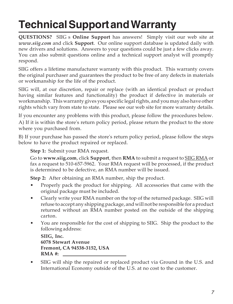 Technical support and warranty | SIIG FIERY 2101 User Manual | Page 7 / 8