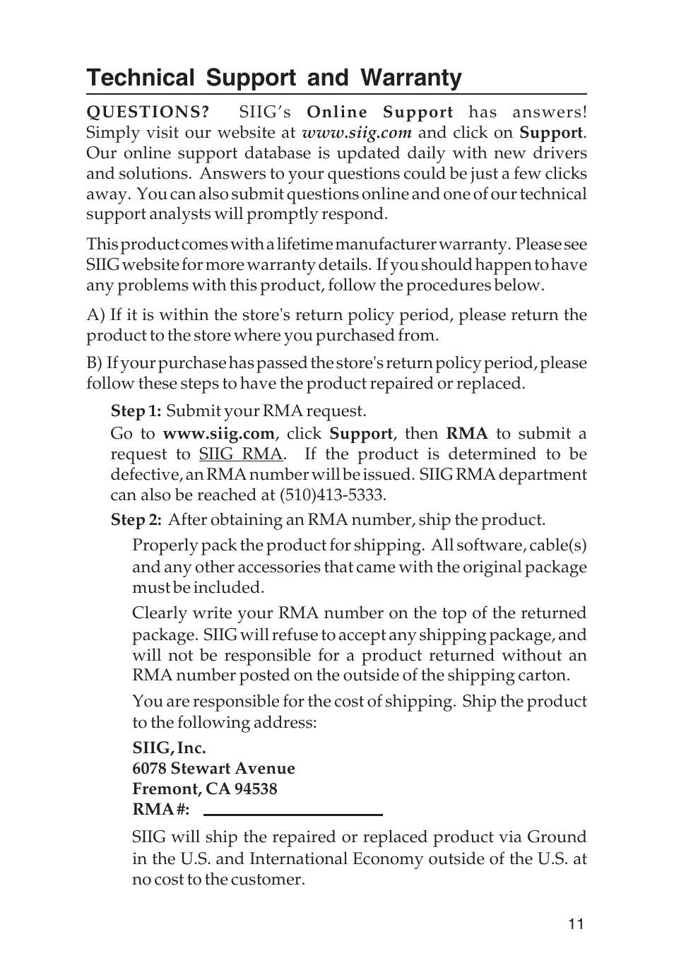 Technical support and warranty | SIIG 04-0288E User Manual | Page 11 / 12