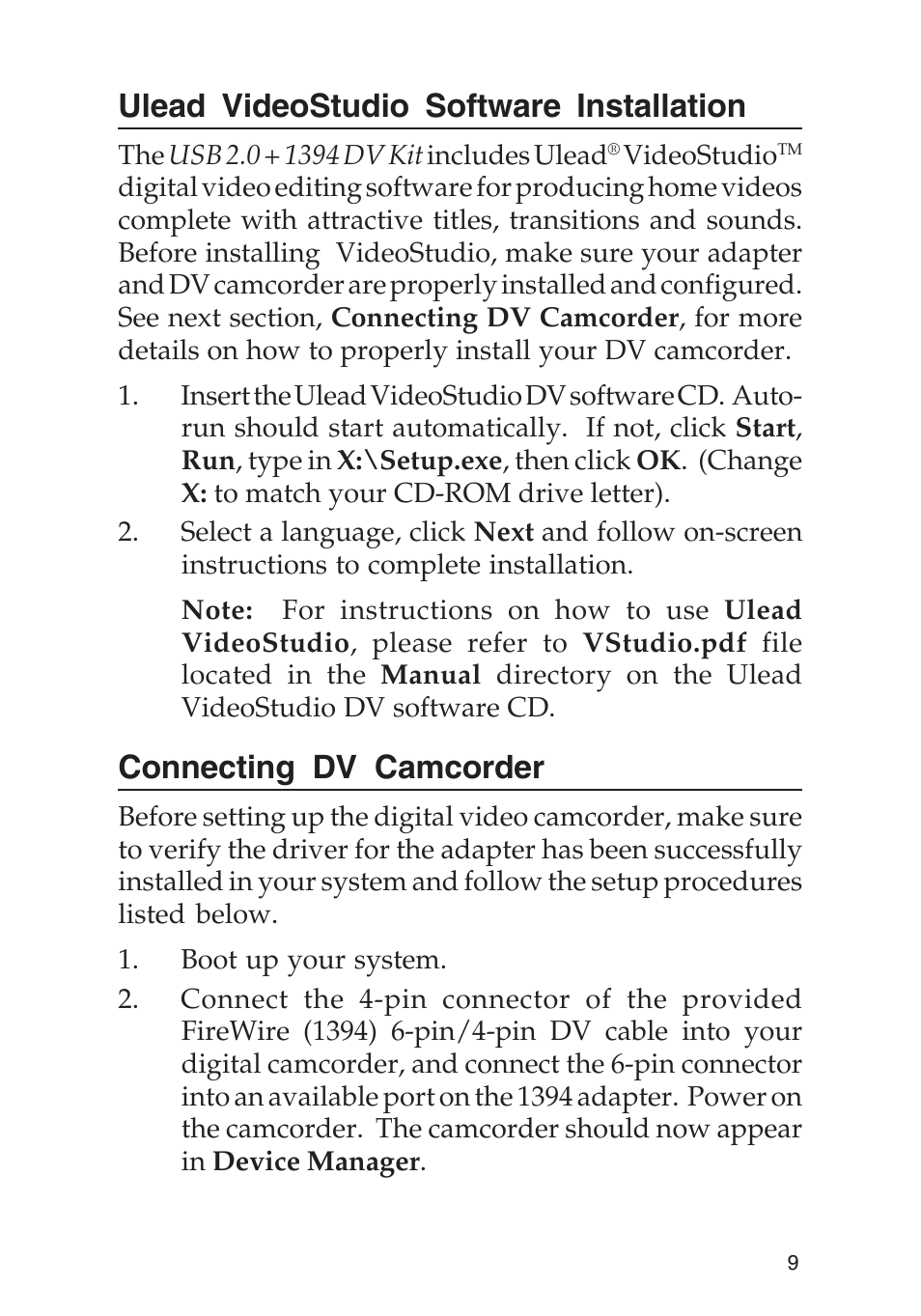 Ulead videostudio software installation, Connecting dv camcorder | SIIG 04-0288E User Manual | Page 9 / 12