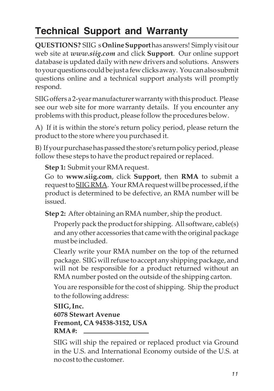 Technical support and warranty | SIIG 04-0629A User Manual | Page 11 / 12