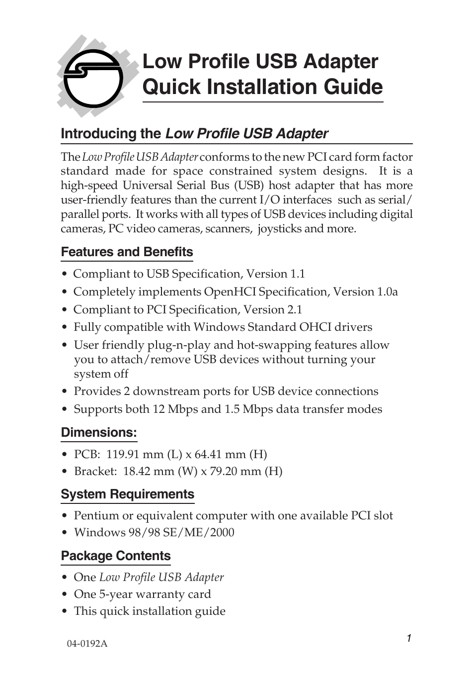 SIIG 04-0192A User Manual | 4 pages
