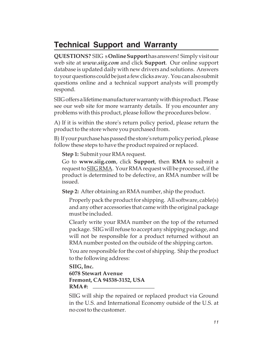 Technical support and warranty | SIIG 04-0417C User Manual | Page 11 / 12