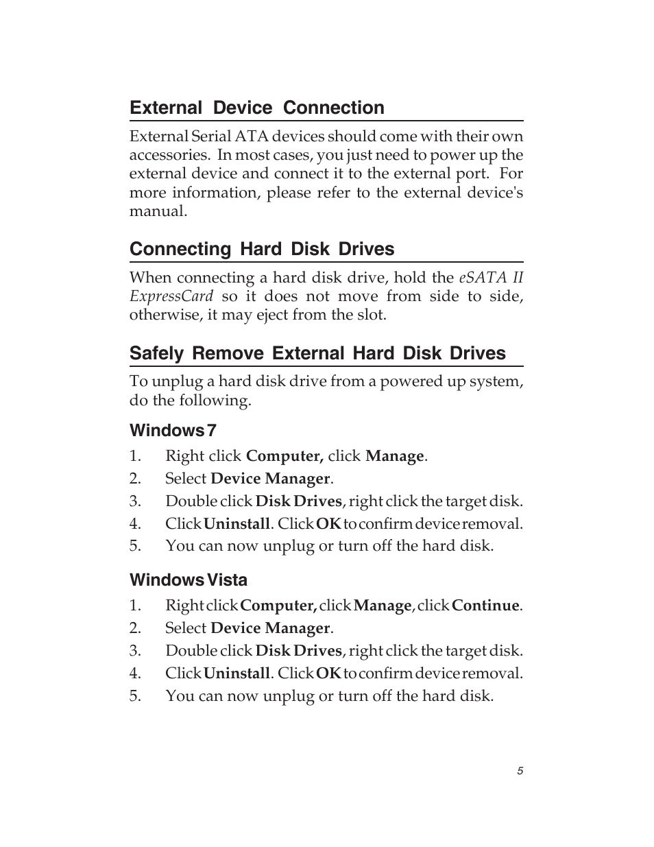 External device connection, Connecting hard disk drives, Safely remove external hard disk drives | SIIG 04-0417C User Manual | Page 5 / 12