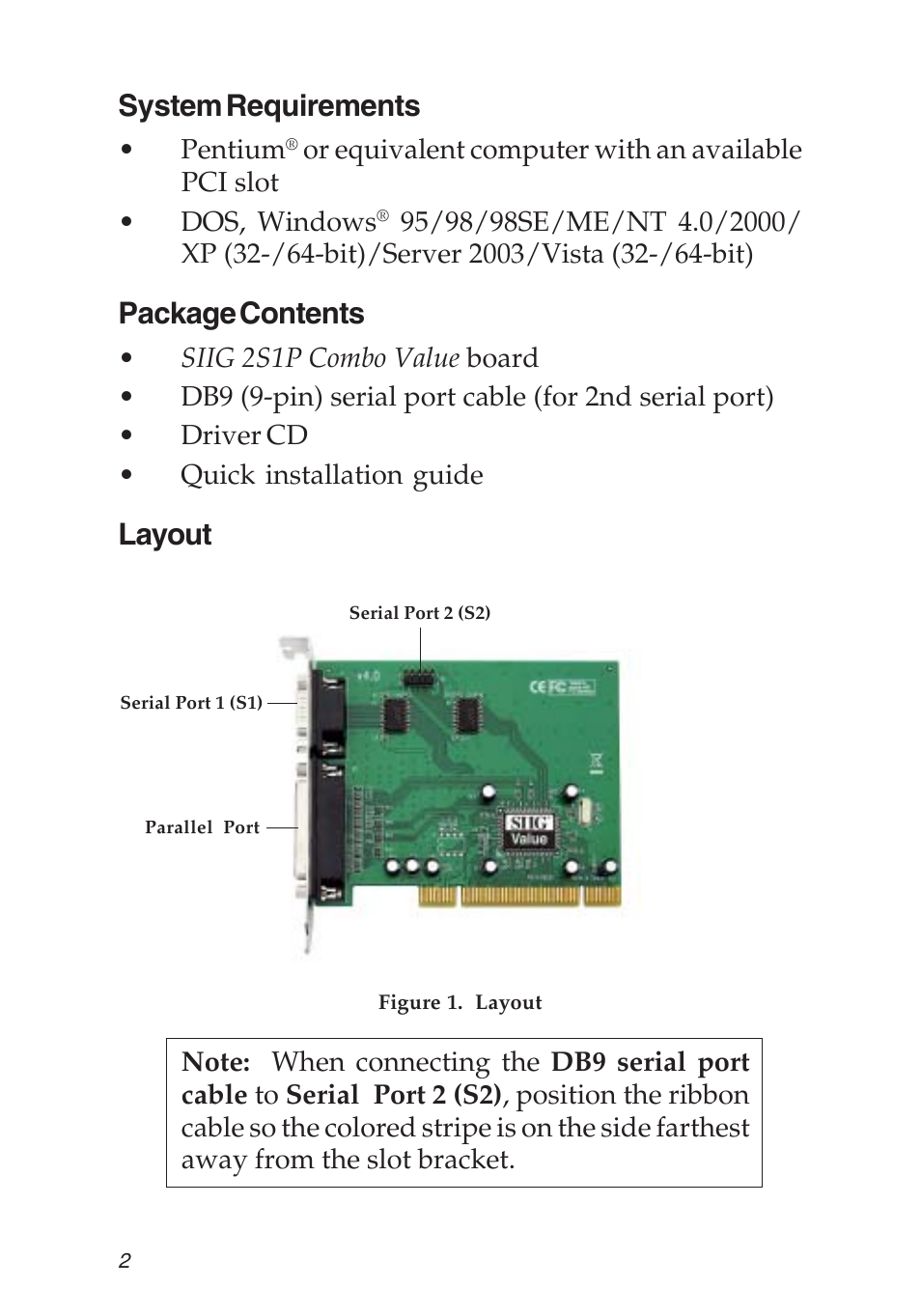 System requirements, Package contents, Layout | SIIG 2S1P User Manual | Page 2 / 12