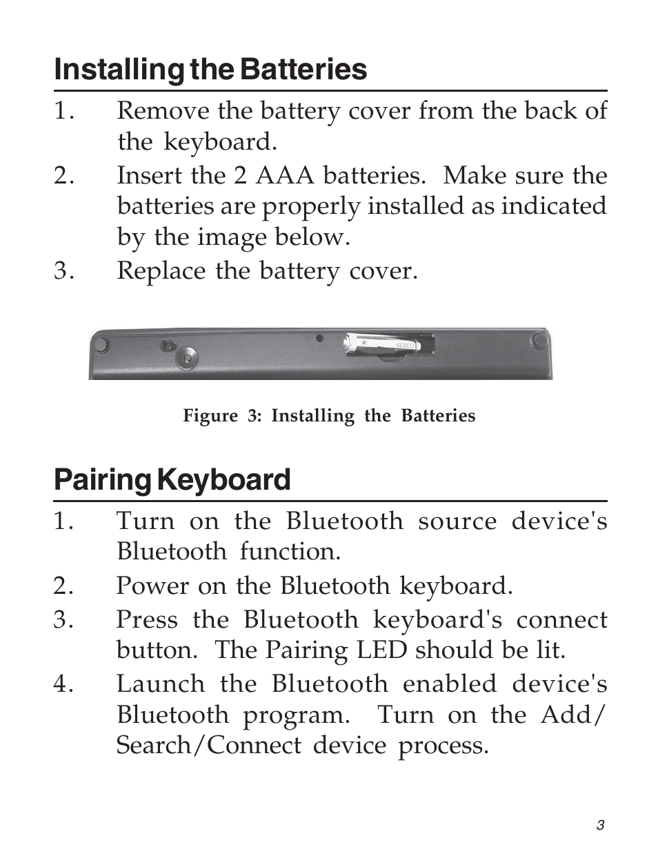 Pairing keyboard, Installing the batteries | SIIG 04-0735A User Manual | Page 3 / 8