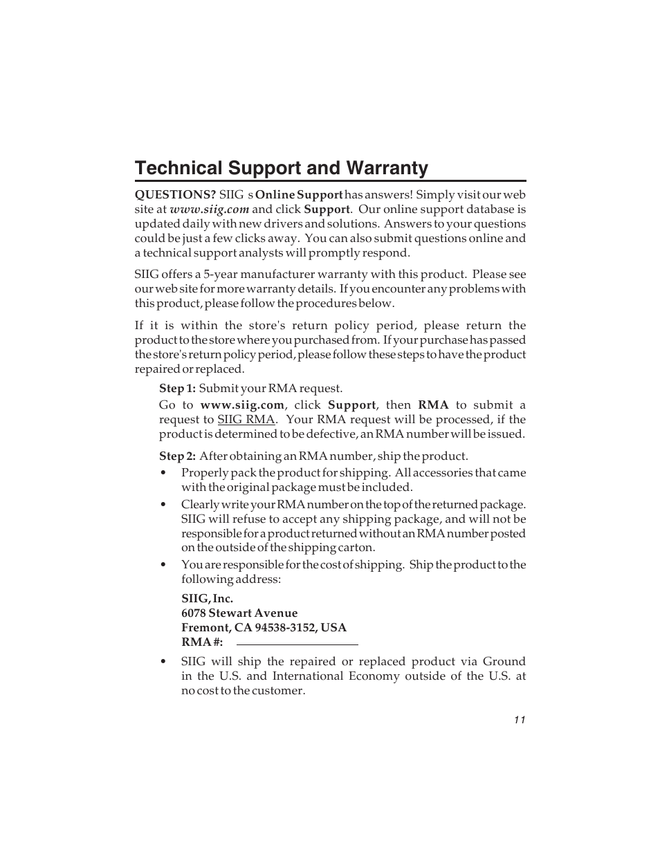 Technical support and warranty | SIIG 7.1 User Manual | Page 11 / 12