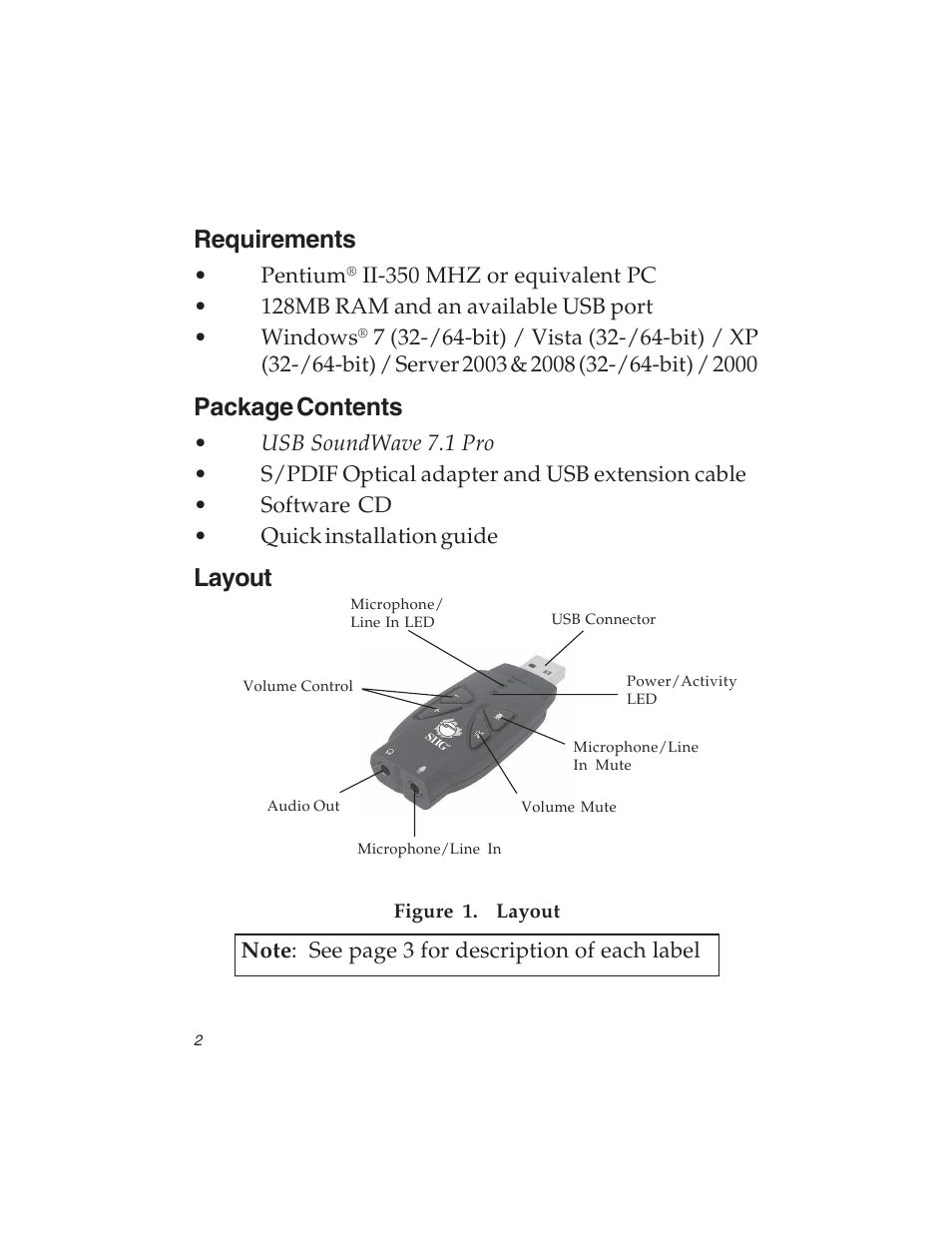 Requirements, Package contents, Layout | SIIG 7.1 User Manual | Page 2 / 12