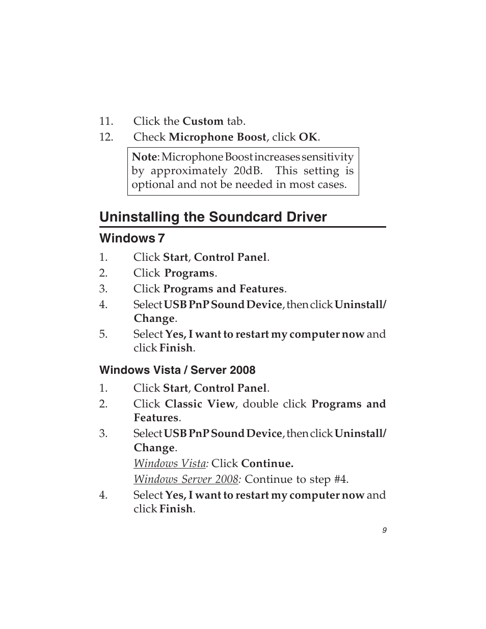 Uninstalling the soundcard driver | SIIG 7.1 User Manual | Page 9 / 12