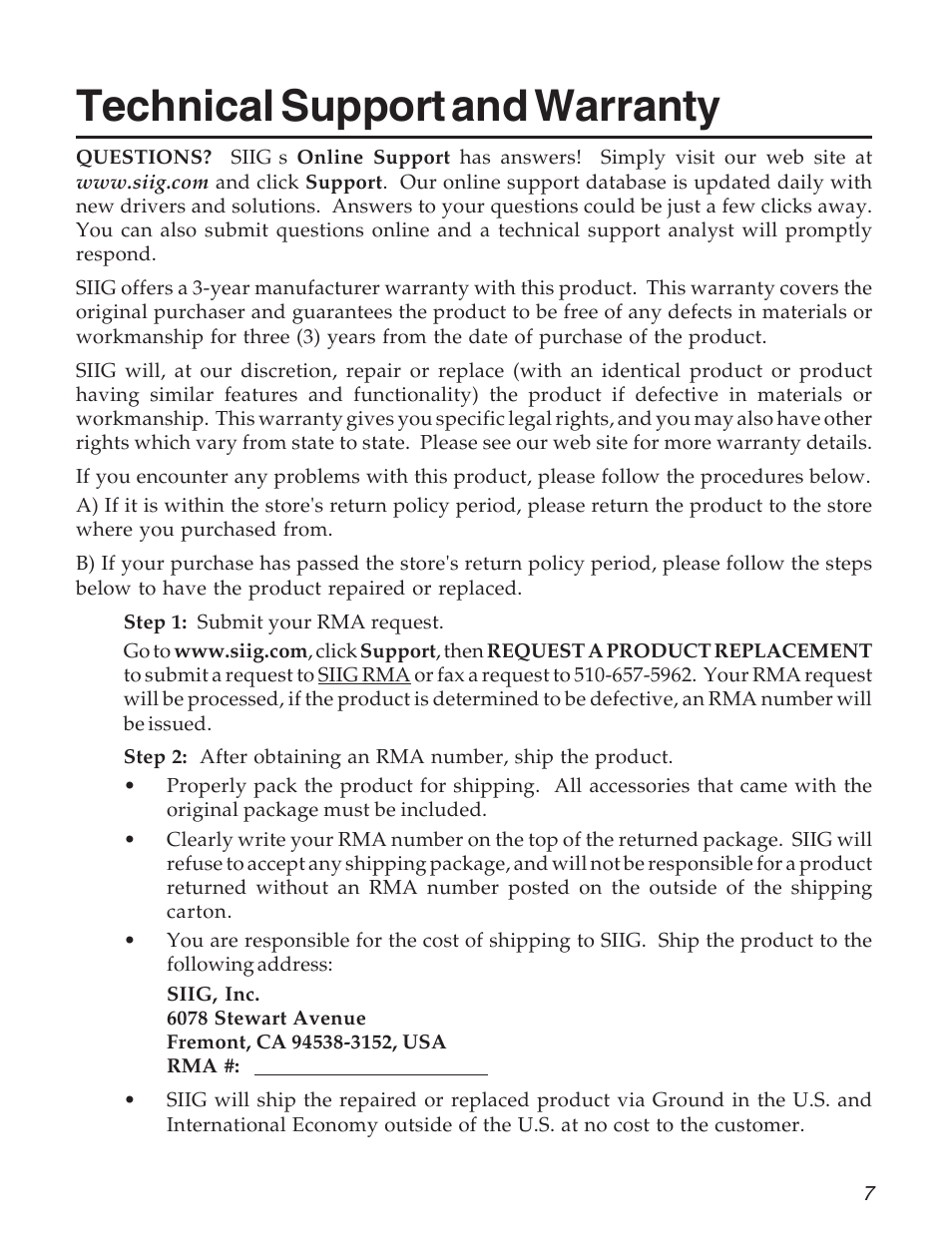 Technical support and warranty | SIIG 104-0732A User Manual | Page 7 / 8