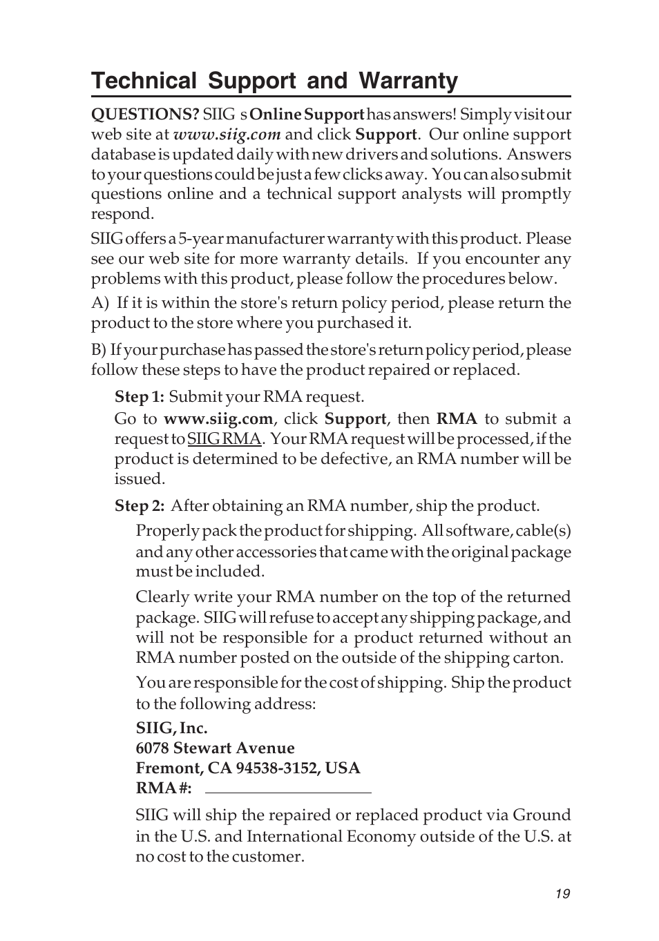 Technical support and warranty | SIIG 04-0631A User Manual | Page 19 / 20