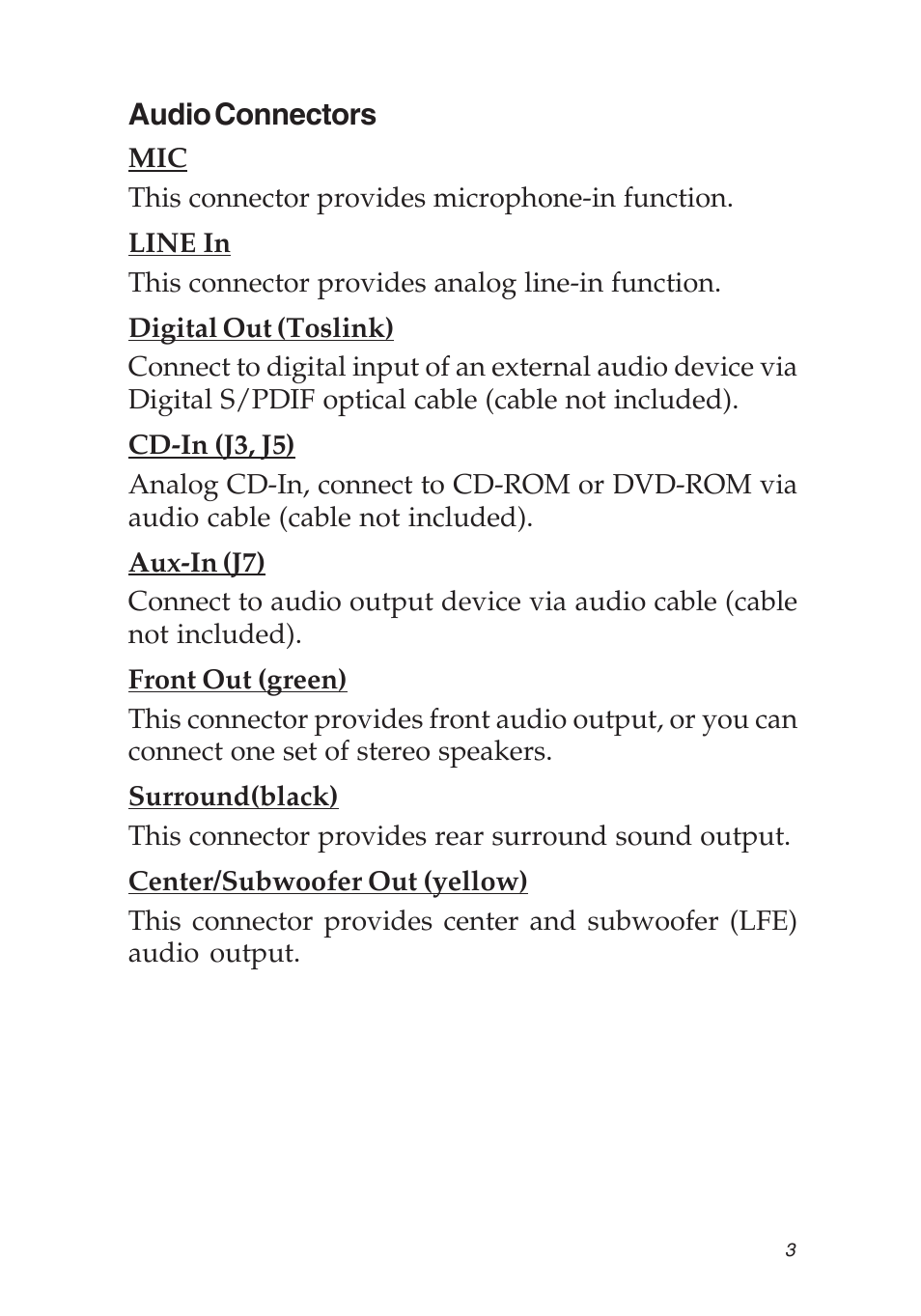 Audio connectors | SIIG 04-0631A User Manual | Page 3 / 20