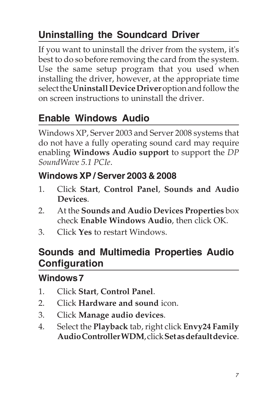 Uninstalling the soundcard driver, Enable windows audio | SIIG 04-0631A User Manual | Page 7 / 20