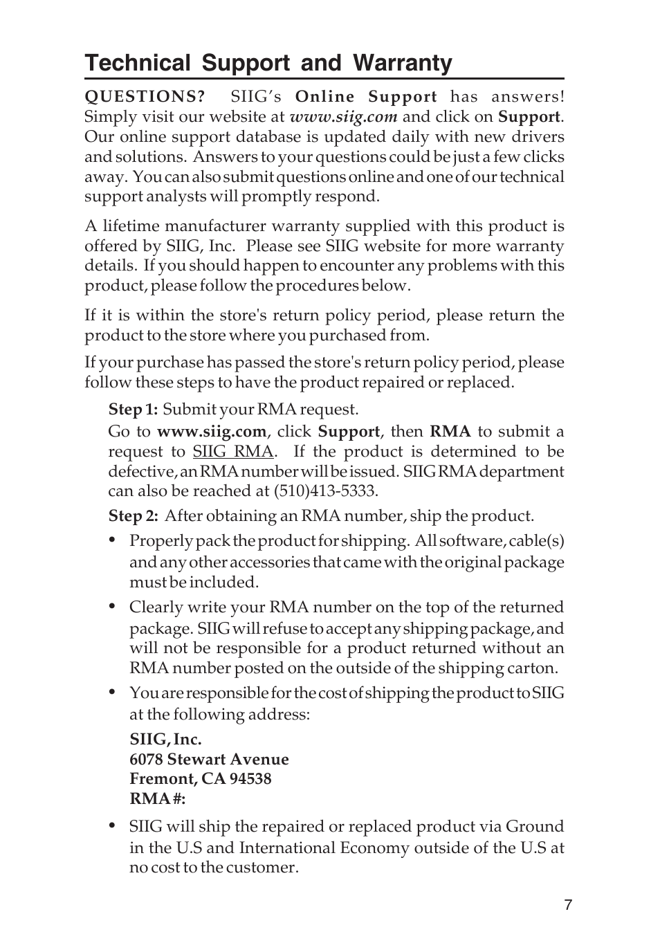 Technical support and warranty | SIIG 4110 User Manual | Page 7 / 8