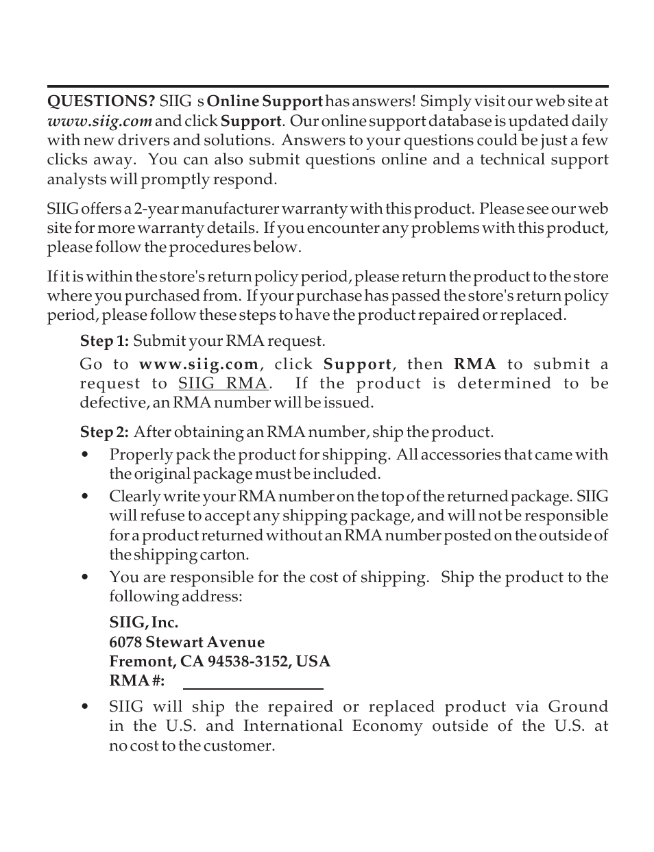 Technical support and warranty | SIIG 2400 User Manual | Page 7 / 8
