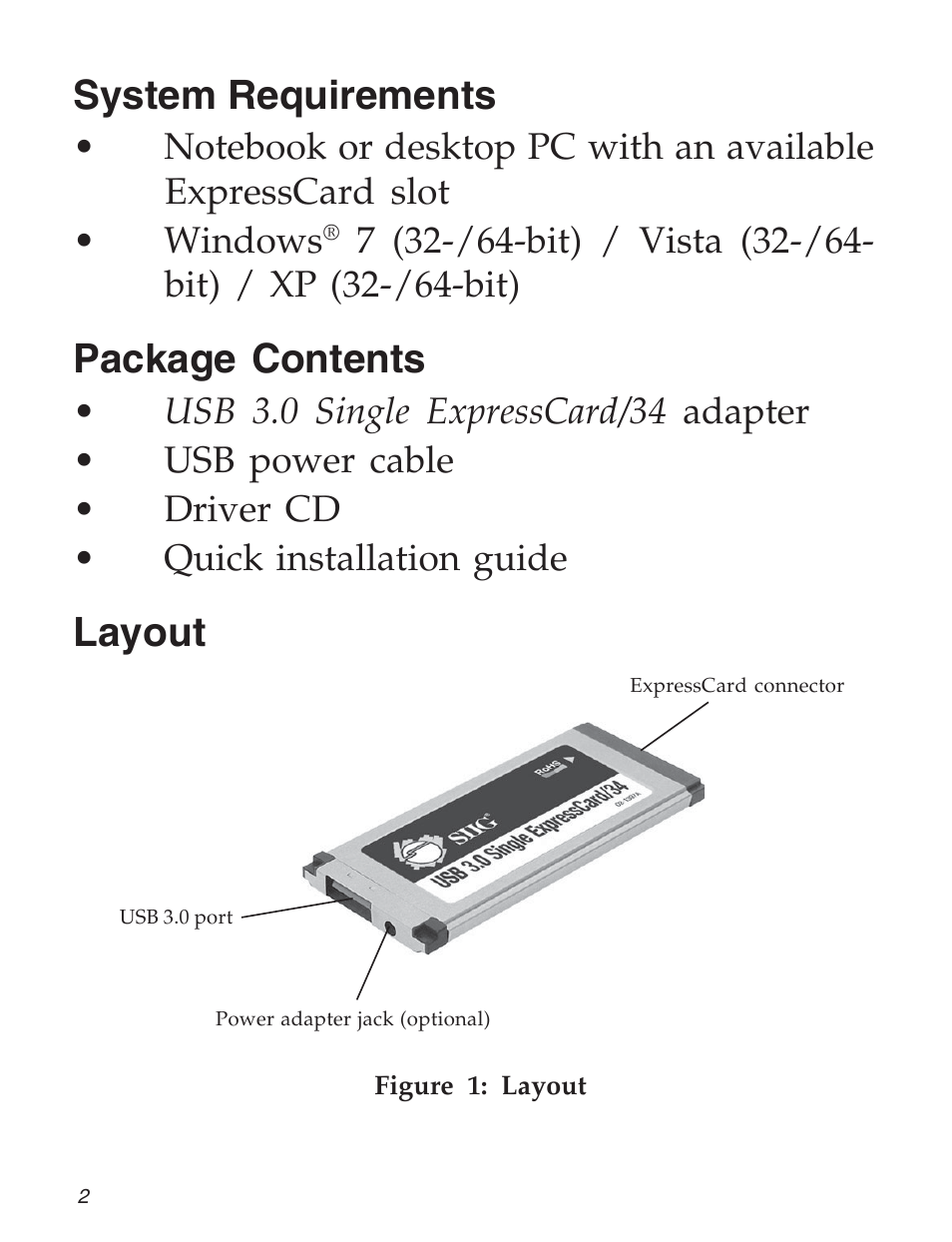 System requirements, Package contents, Layout | SIIG 5053 User Manual | Page 2 / 8