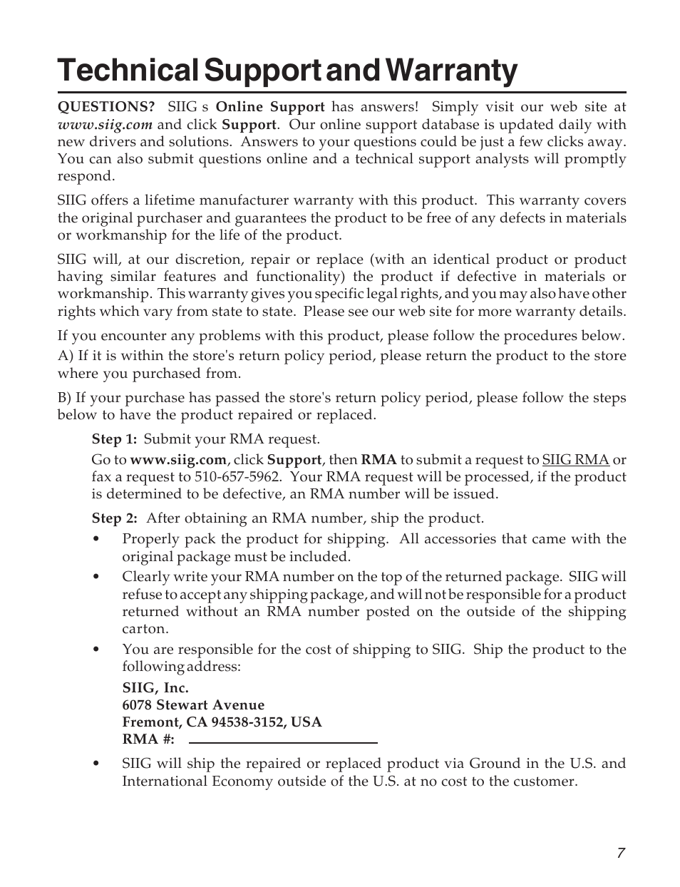 Technical support and warranty | SIIG 5053 User Manual | Page 7 / 8