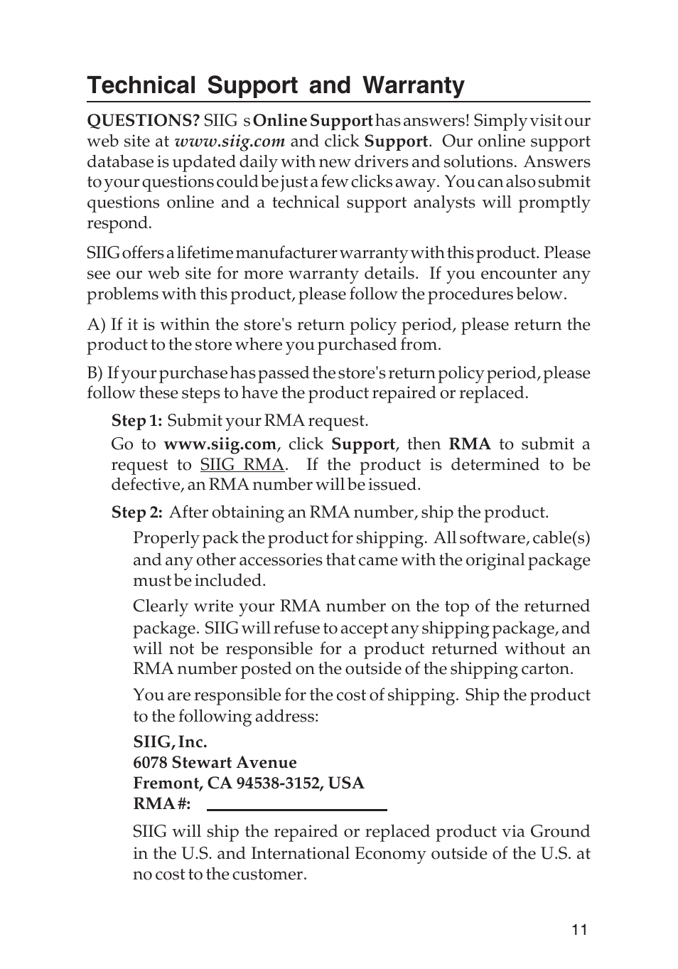 Technical support and warranty | SIIG 700 User Manual | Page 11 / 12