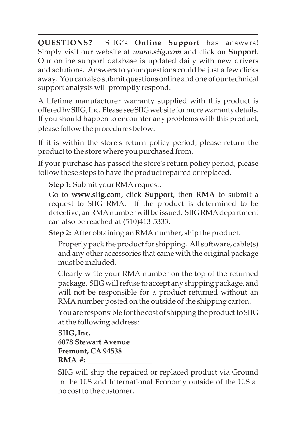 Technical support and warranty | SIIG 04-0418A User Manual | Page 18 / 20