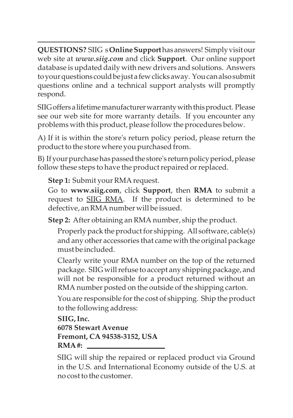 Technical support and warranty | SIIG 04-0322C User Manual | Page 15 / 16