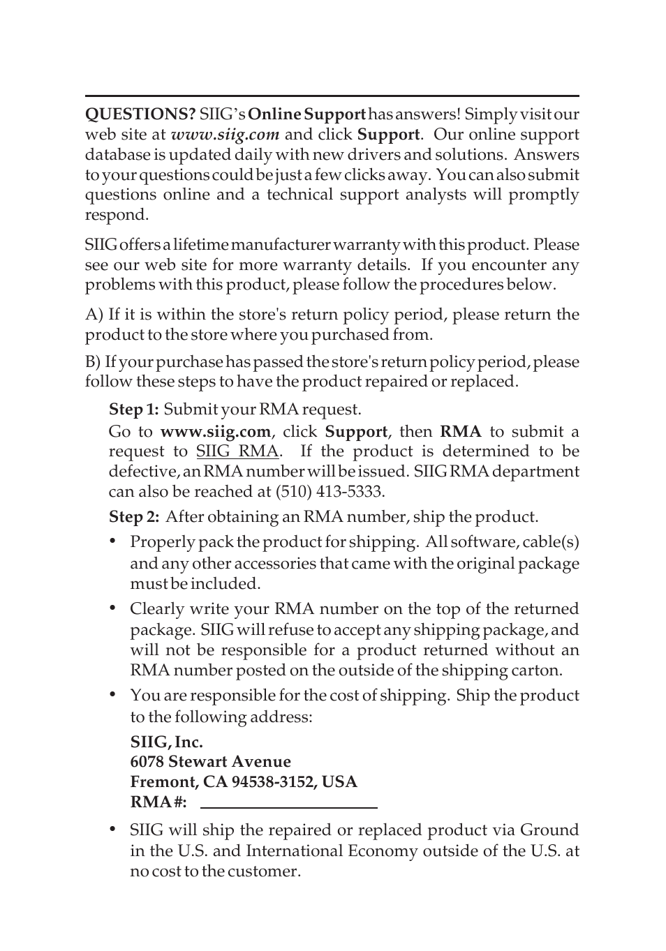 Technical support and warranty | SIIG I/O Expander 2S User Manual | Page 11 / 12