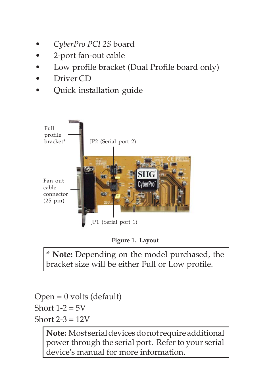 Package contents, Layout, Jumper settings (jp1, jp2) | SIIG I/O Expander 2S User Manual | Page 2 / 12