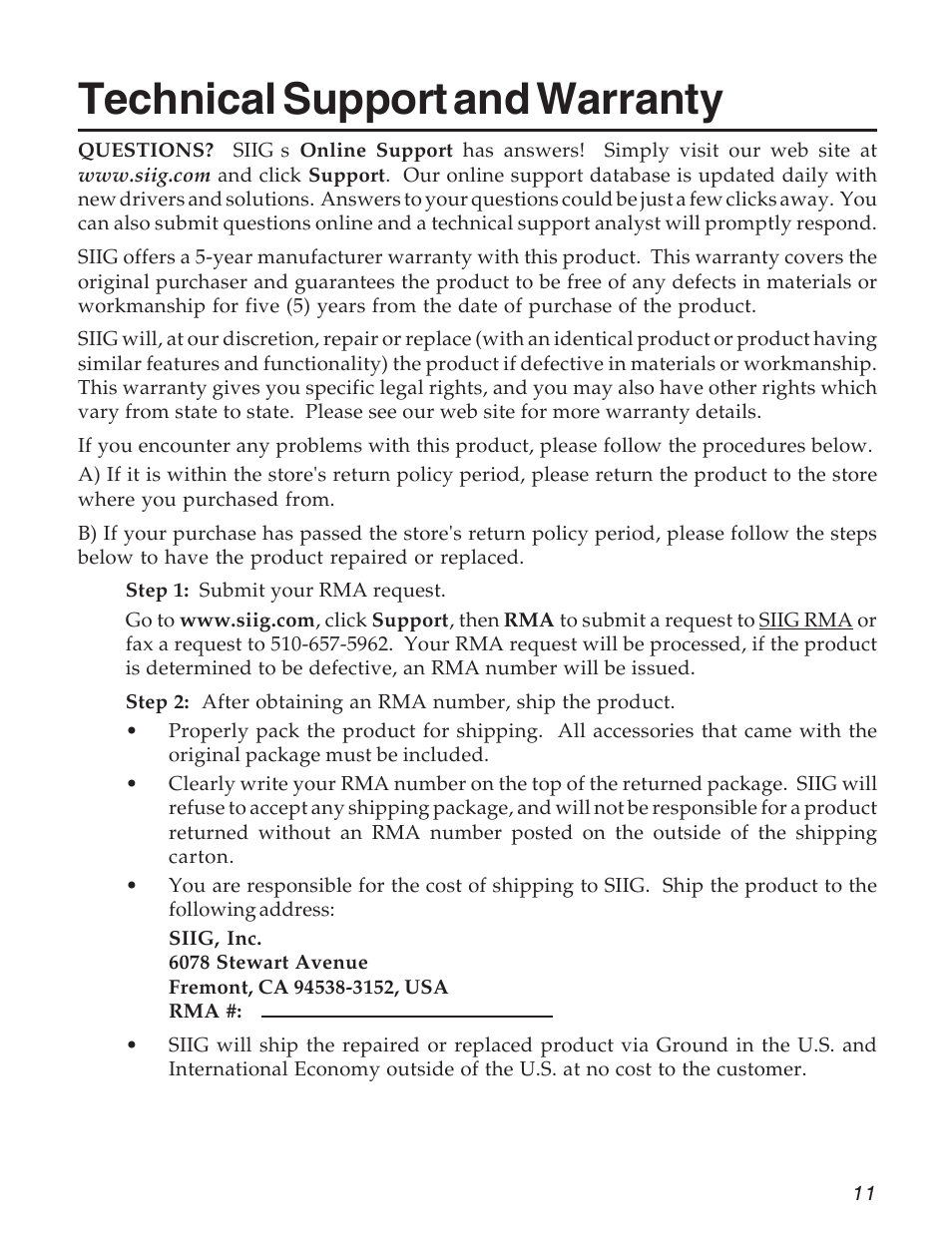 Technical support and warranty | SIIG 04-0725A User Manual | Page 11 / 12