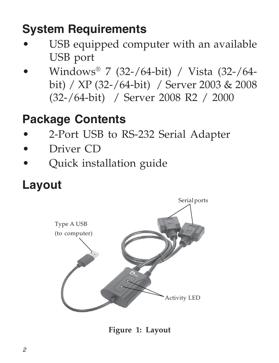 System requirements, Package contents, Layout | SIIG 04-0725A User Manual | Page 2 / 12