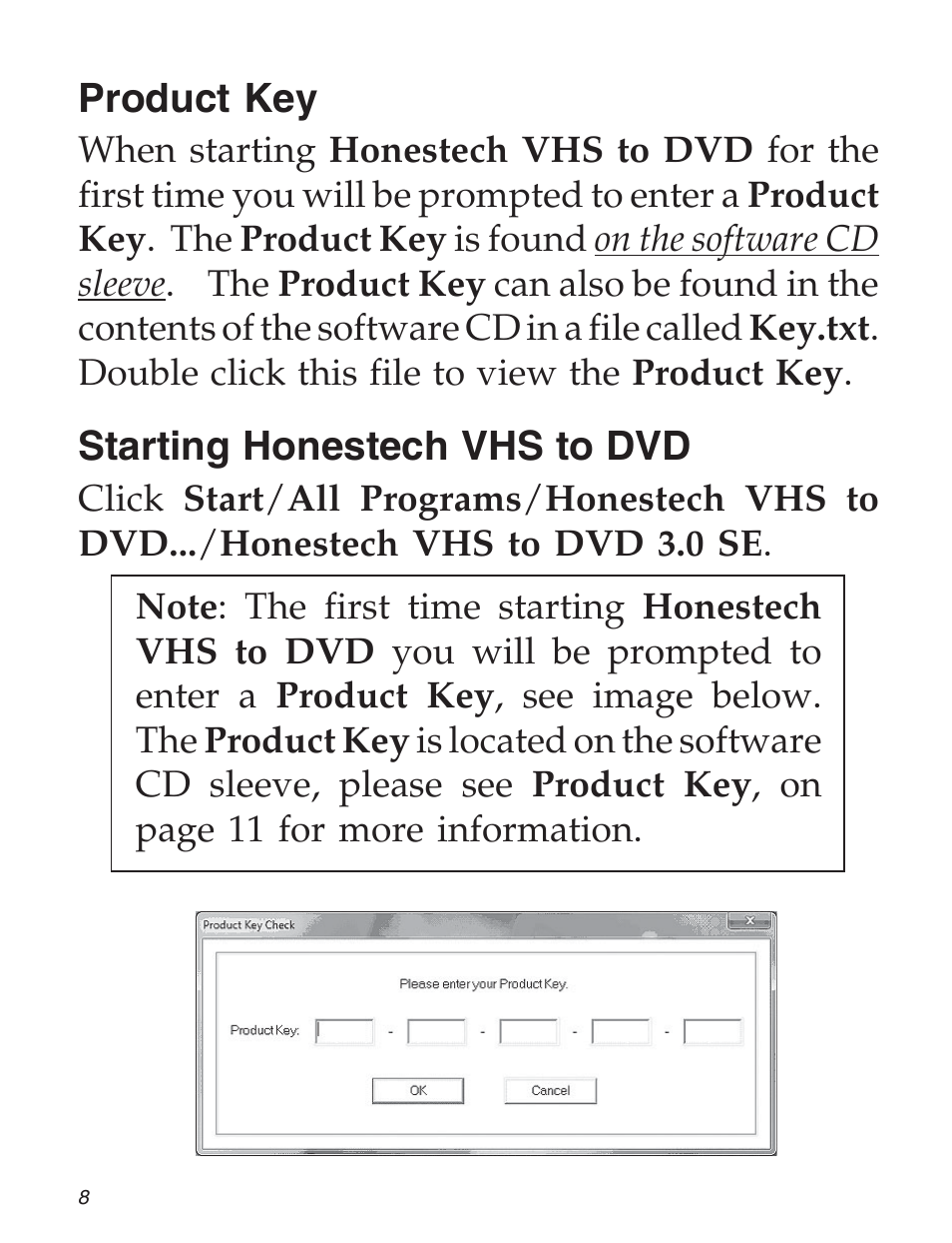 Product key, Starting honestech vhs to dvd | SIIG 104-0561C User Manual | Page 8 / 12
