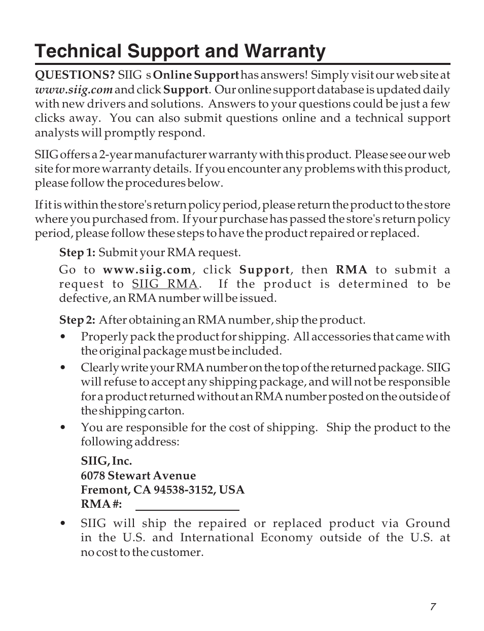 Technical support and warranty | SIIG 04-0589A User Manual | Page 7 / 8