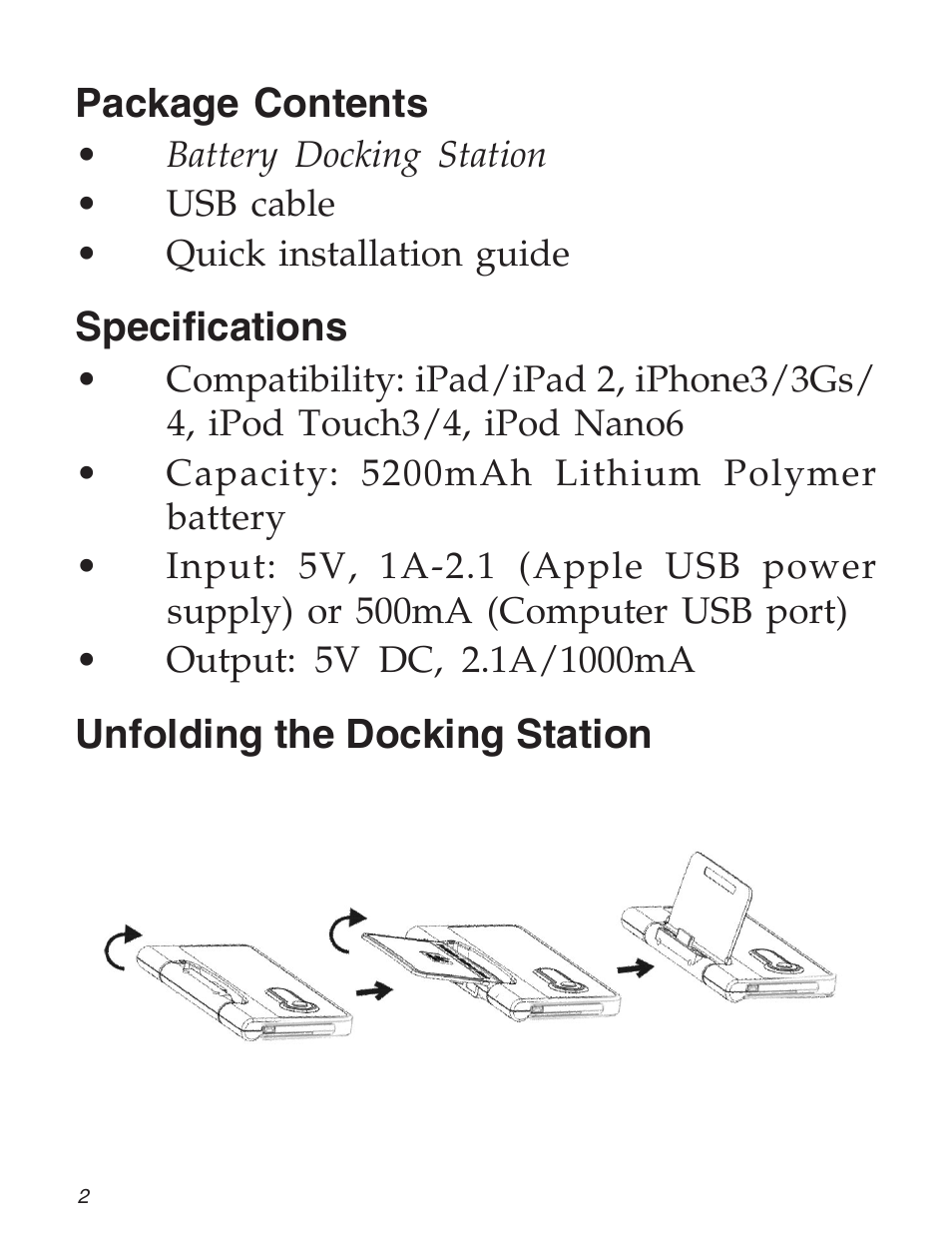 Package contents, Specifications, Unfolding the docking station | SIIG Automobile Battery Charger User Manual | Page 2 / 12