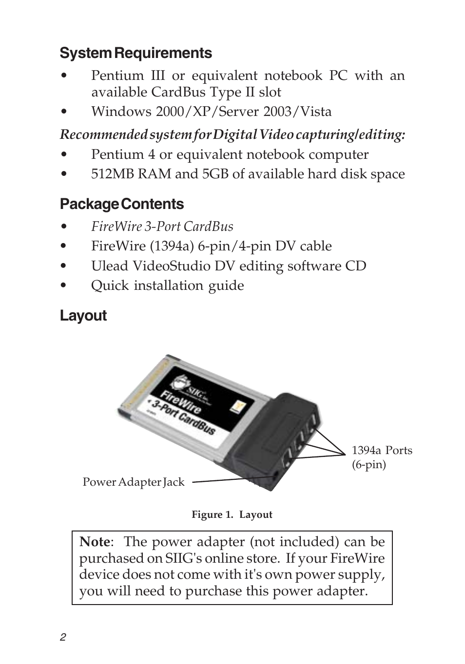 System requirements, Package contents, Layout | SIIG 04-0263E User Manual | Page 2 / 8