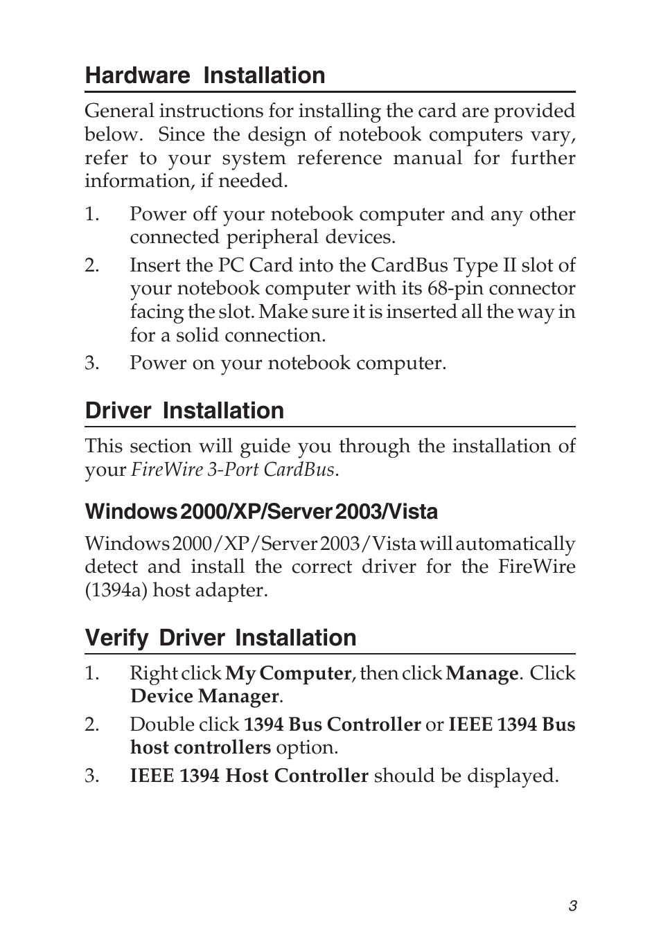Hardware installation, Driver installation, Verify driver installation | SIIG 04-0263E User Manual | Page 3 / 8