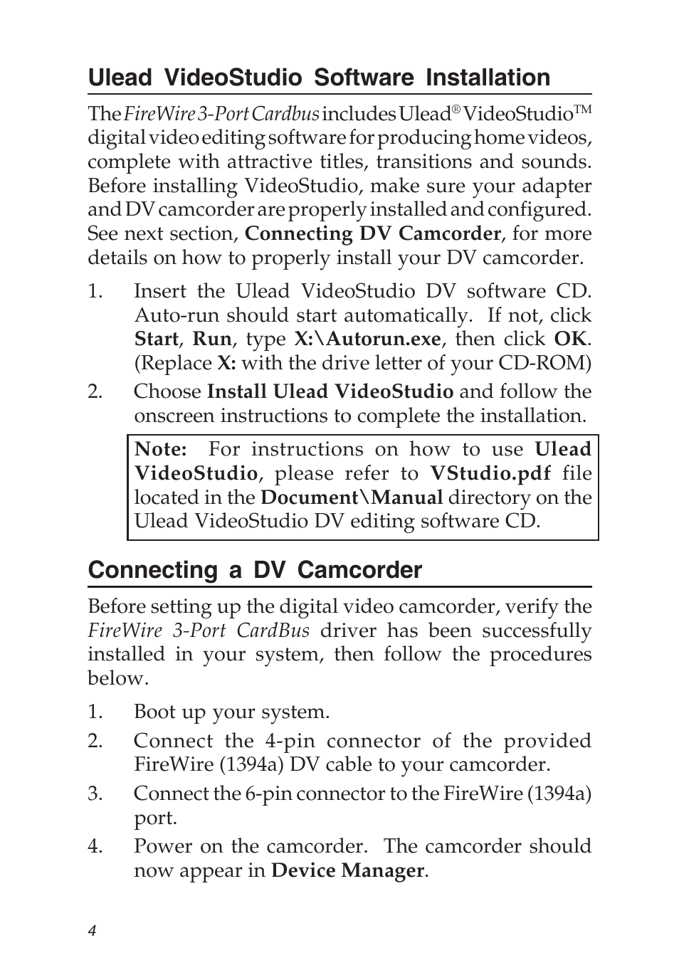 Ulead videostudio software installation, Connecting a dv camcorder | SIIG 04-0263E User Manual | Page 4 / 8