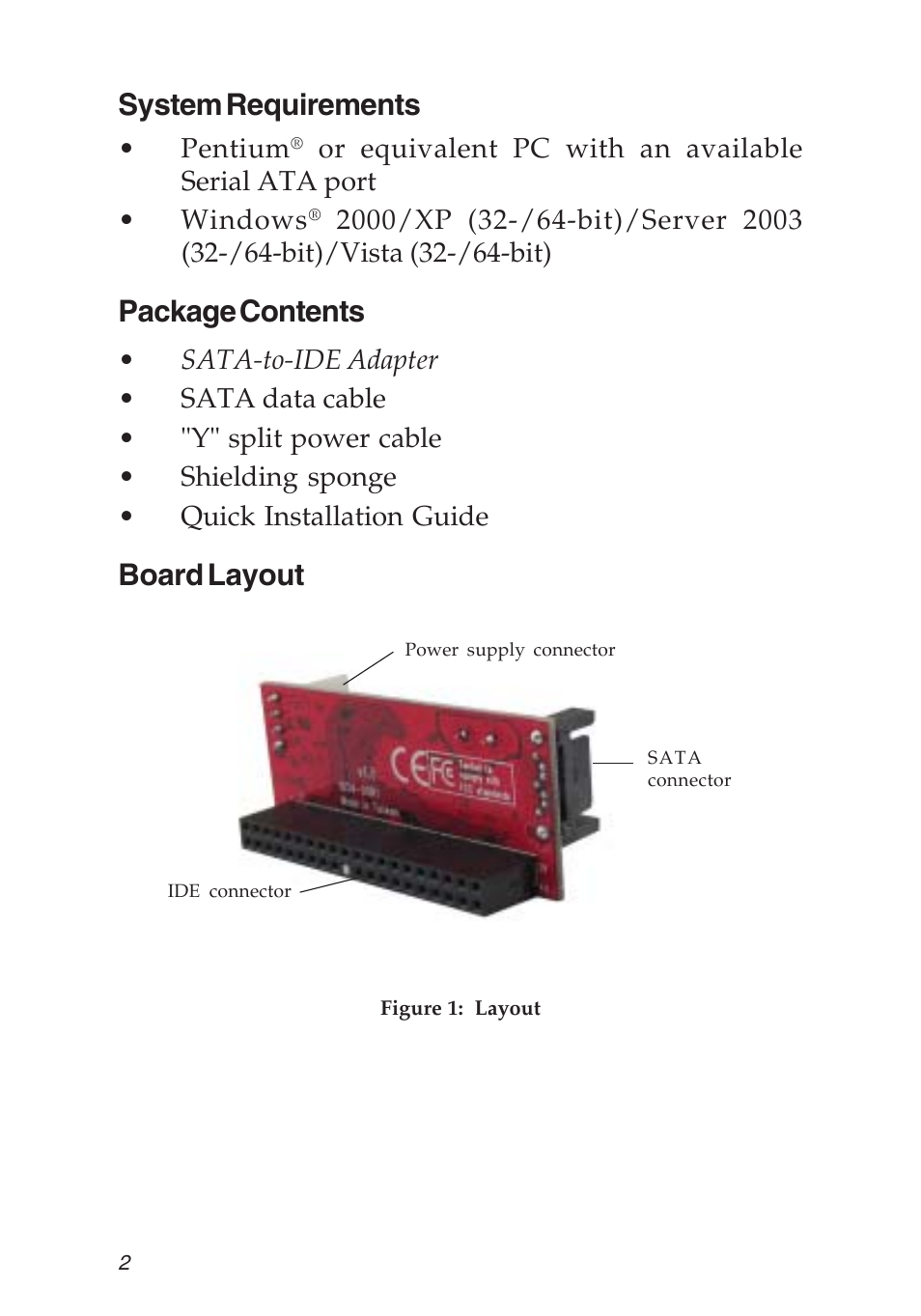 System requirements, Package contents, Board layout | SIIG 04-0476A User Manual | Page 2 / 8