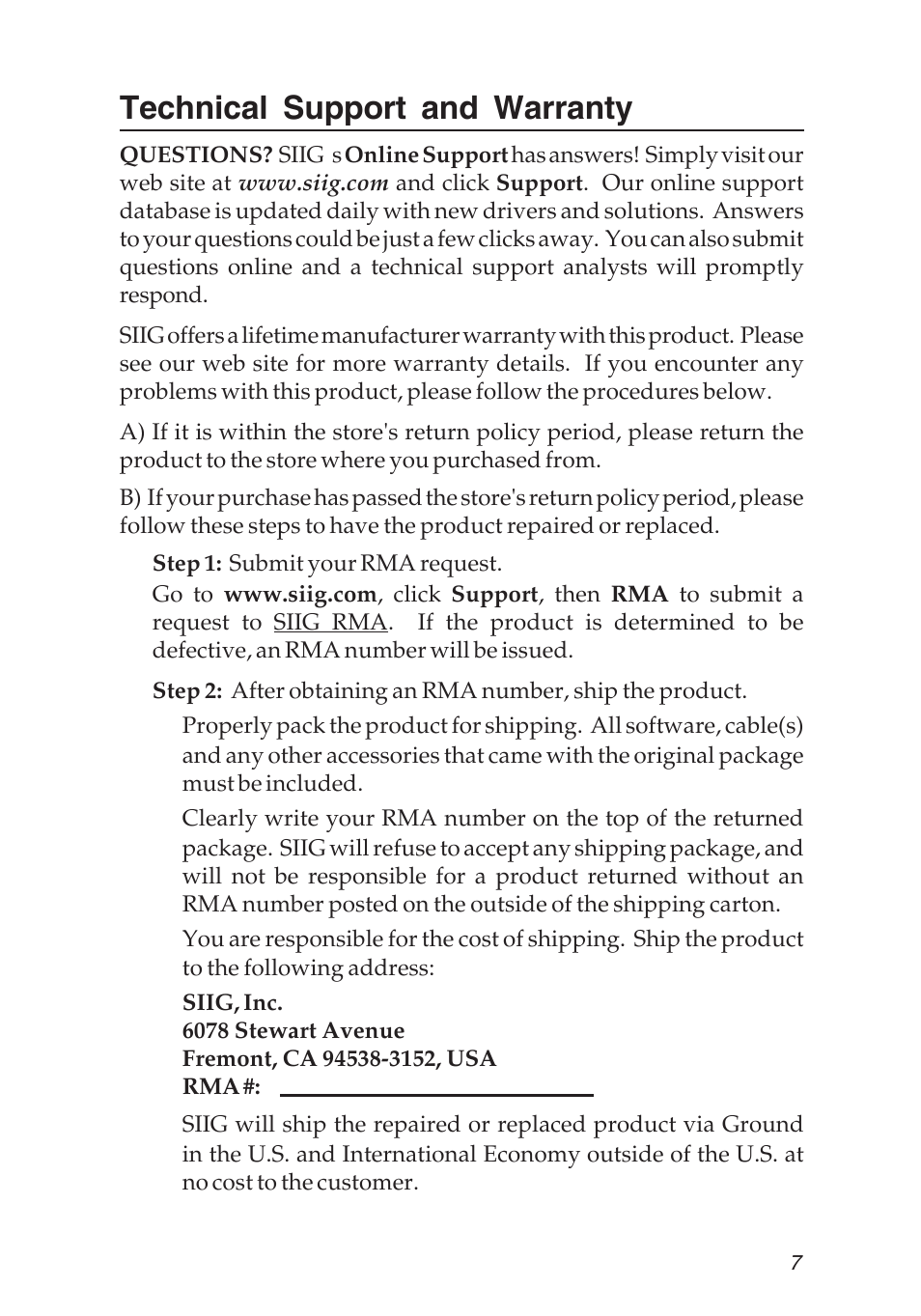 Technical support and warranty | SIIG 04-0476A User Manual | Page 7 / 8