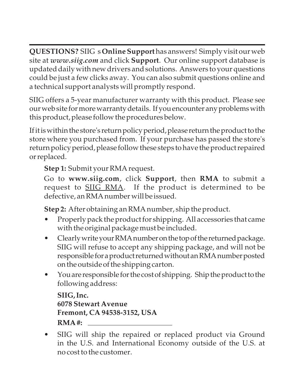 Technical support and warranty | SIIG Computer Drive User Manual | Page 7 / 8