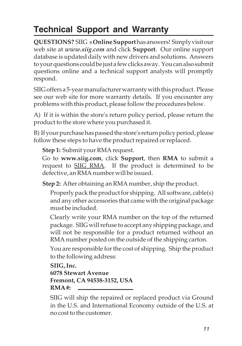 Technical support and warranty | SIIG 04-0501A User Manual | Page 11 / 12