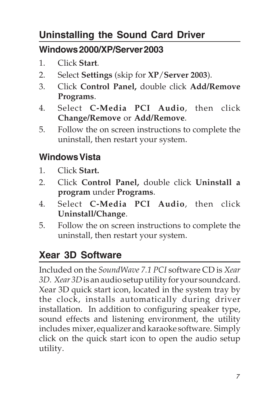 Uninstalling the sound card driver, Xear 3d software | SIIG 04-0501A User Manual | Page 7 / 12
