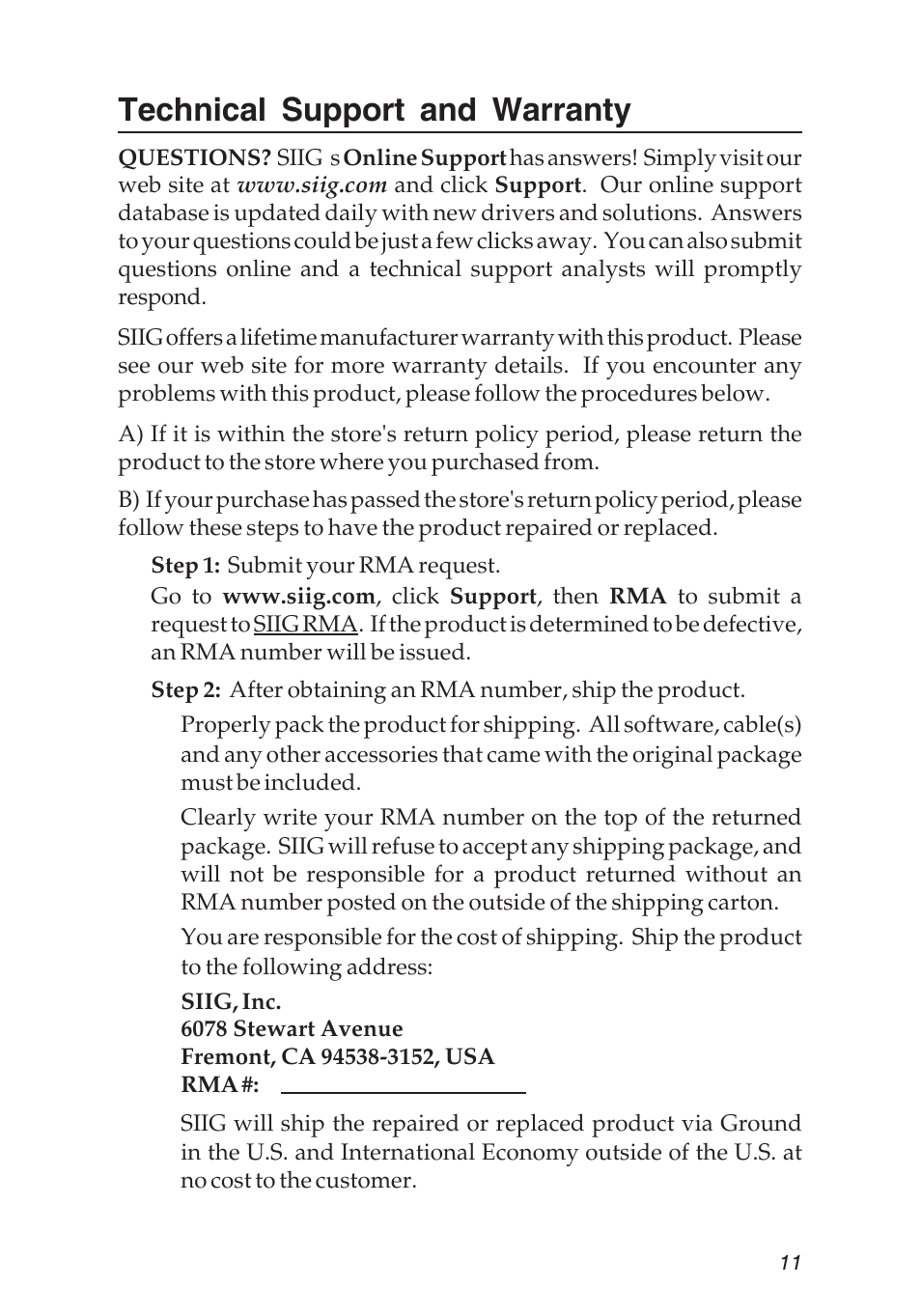 Technical support and warranty | SIIG 104-0487A User Manual | Page 11 / 12