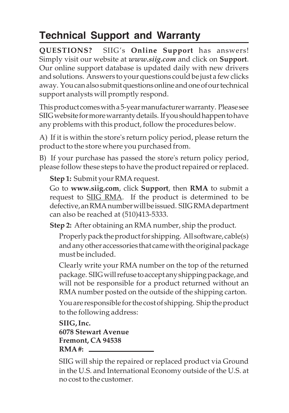 Technical support and warranty | SIIG 04-0456A User Manual | Page 15 / 16