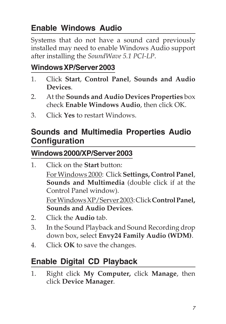 Enable windows audio, Enable digital cd playback | SIIG 04-0456A User Manual | Page 7 / 16