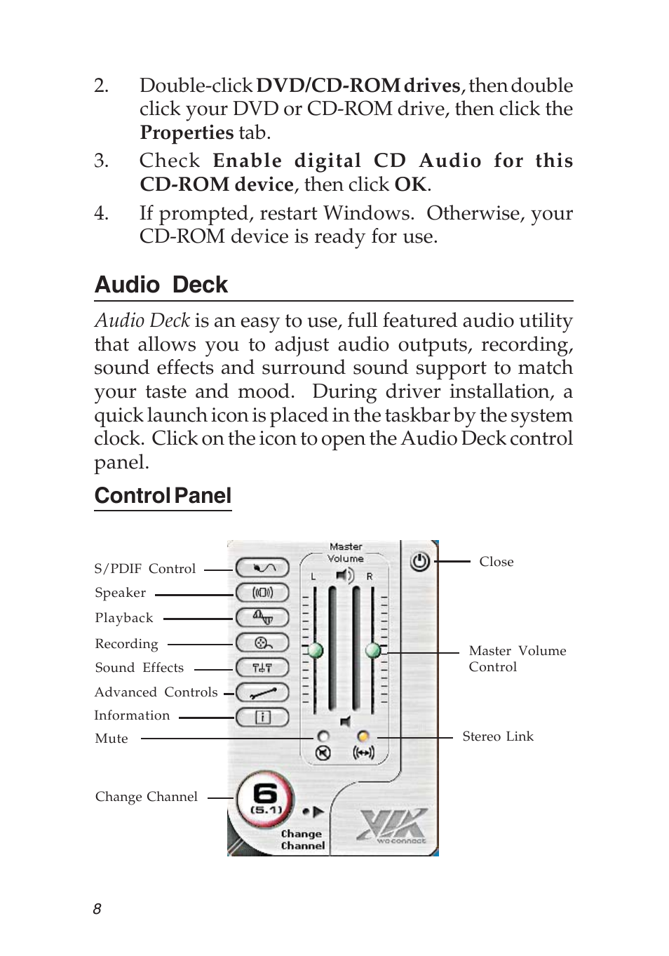 Audio deck, Control panel | SIIG 04-0456A User Manual | Page 8 / 16