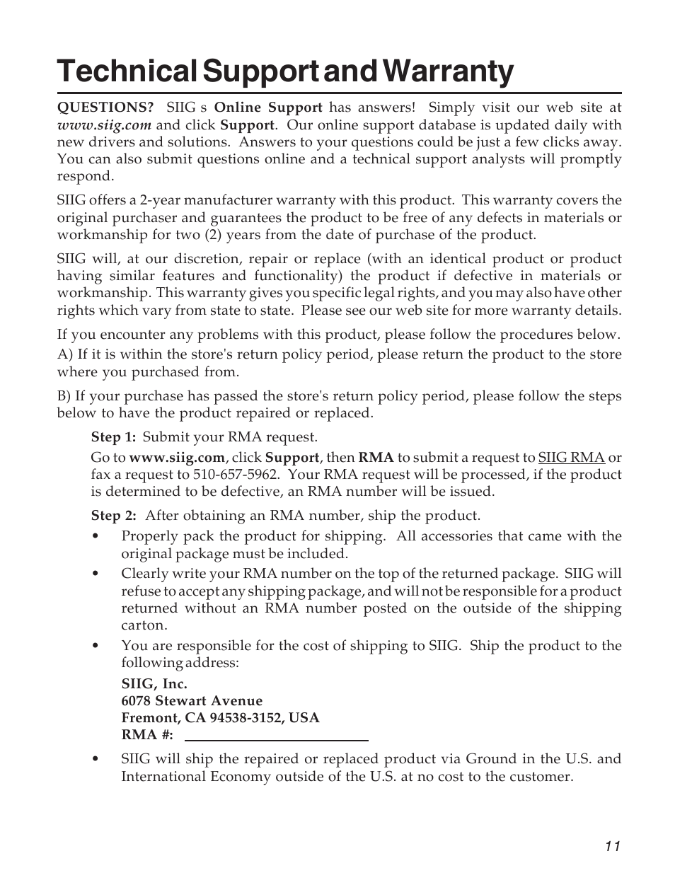 Technical support and warranty | SIIG 04-0585C User Manual | Page 11 / 12