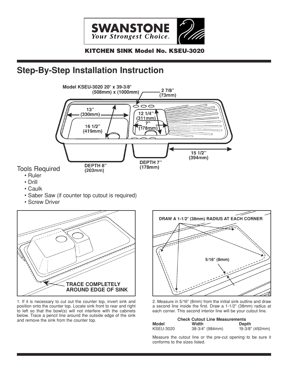 Step-by-step installation instruction, Tools required, Kitchen sink model no. kseu-3020 | The Swan Corporation KSEU-3020 User Manual | Page 2 / 4