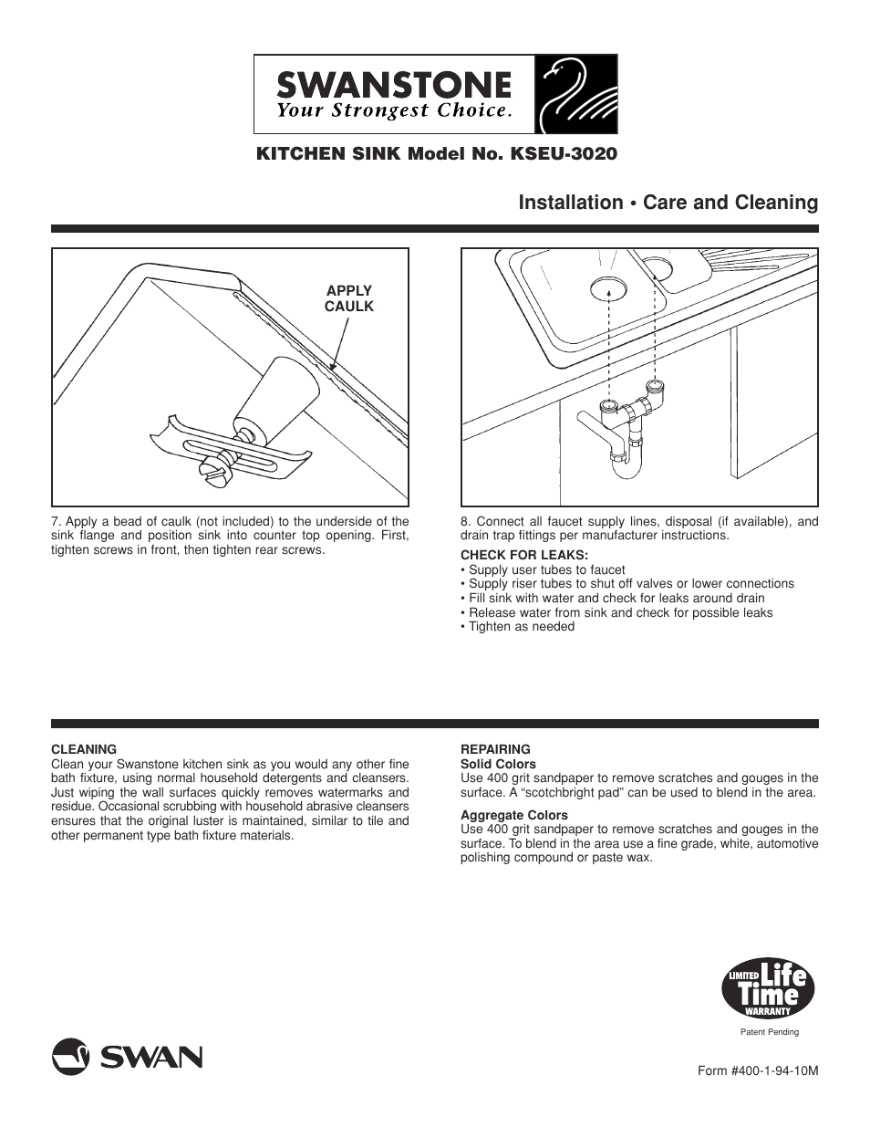 Installation • care and cleaning, Kitchen sink model no. kseu-3020 | The Swan Corporation KSEU-3020 User Manual | Page 4 / 4